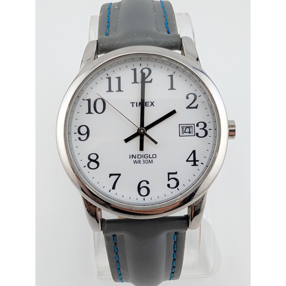 Timex Easy Reader Men's Watch 35mm Silver Case Gray Leather Band- New Battery